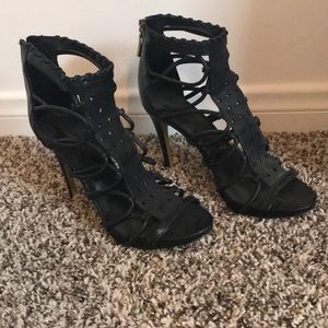 Bebe black leather cage heels